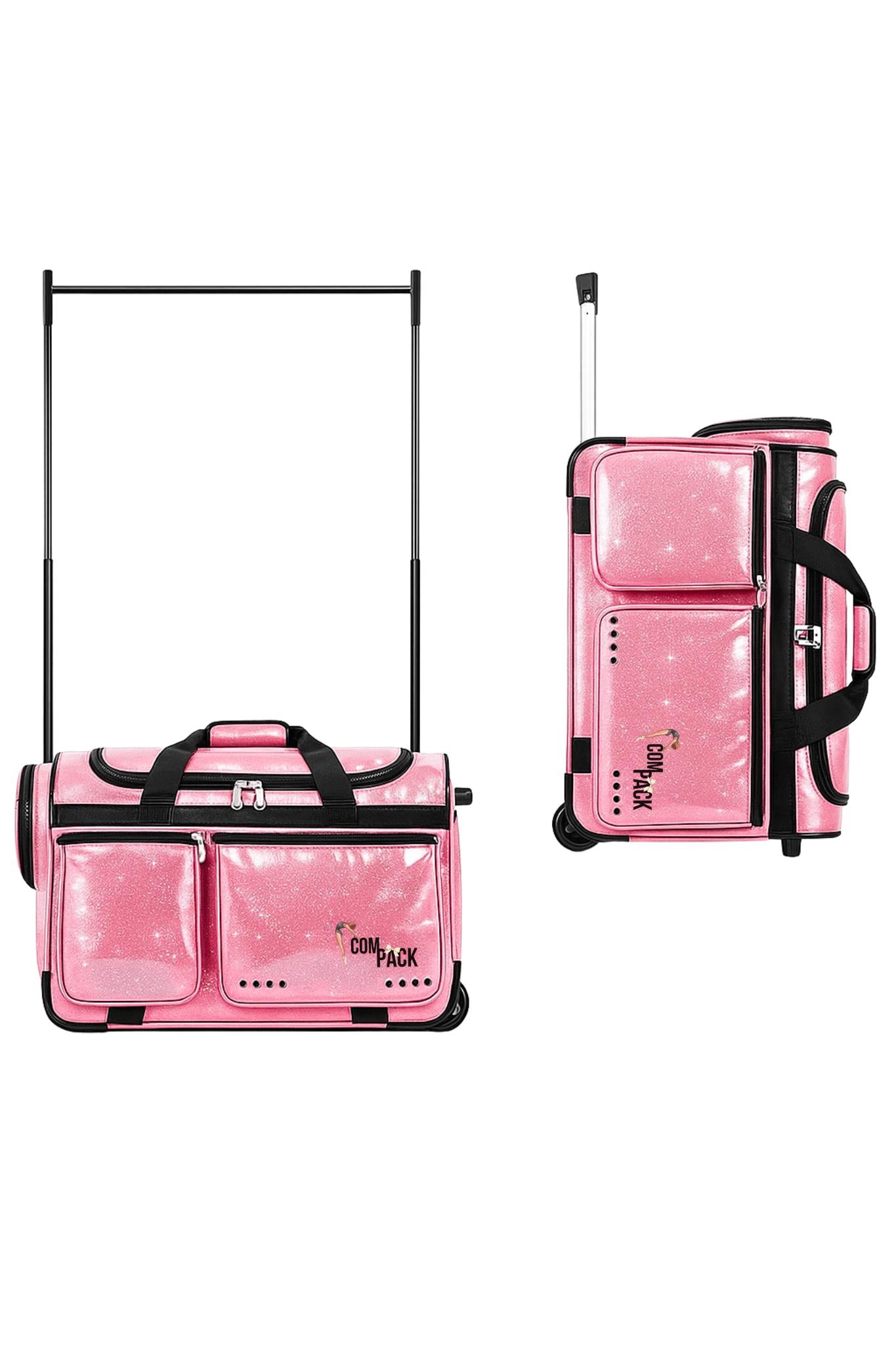 Pink ComPack Competition Dance Bag made from glittery PU-coated canvas, shown with the garment rack fully extended on the left and the telescopic handle pulled halfway up on the right to display the rolling feature.